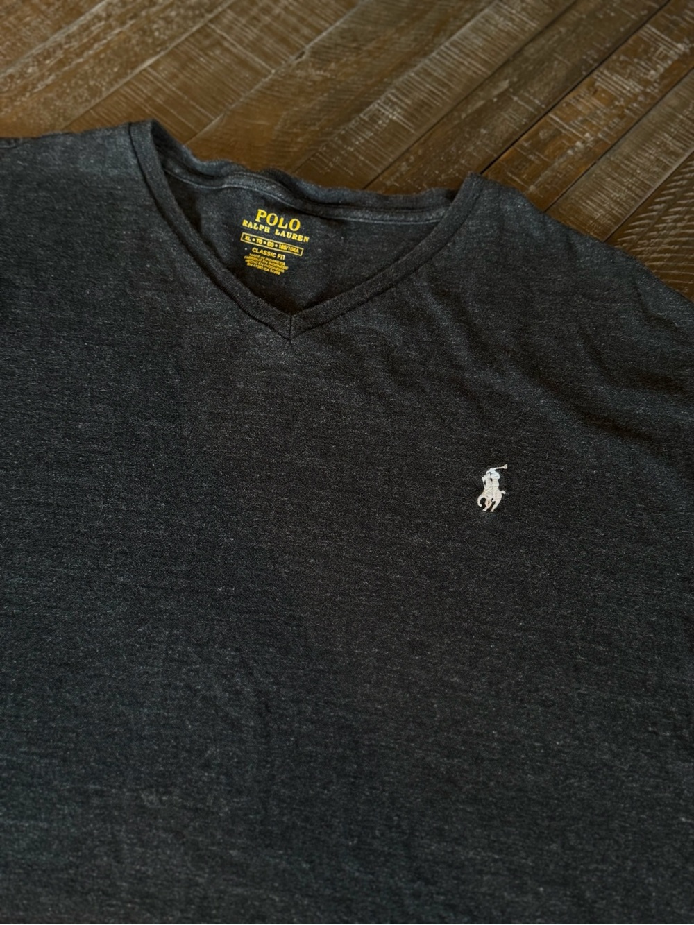 🏇Ralph Lauren Polo V-Neck Tee in Charcoal Gray with White Logo